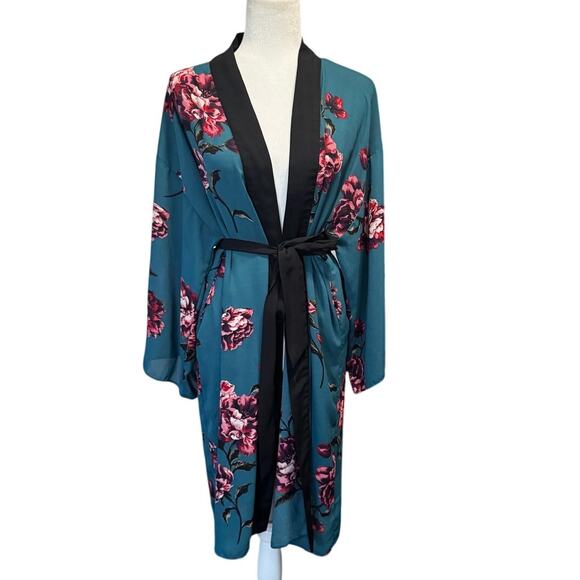 Soprano Floral Kimono Robe Teal/Pink/Black Sash Size Large Boho Festival - Picture 1 of 7